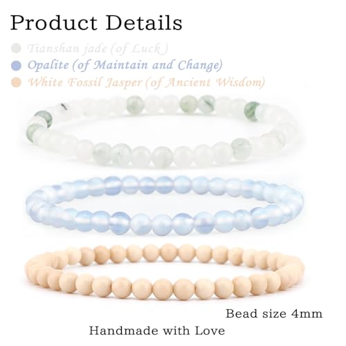 2/3-Pieces 4mm 6mm 8mm Natural Crystal Gemstone – Handmade Reiki Energy Healing Stretch Bracelets Jewelry for Yoga, Meditation, Unisex - color: 3 Pieces (Opalite&TianshanJade&WhiteFossilJasper), size: 4mm