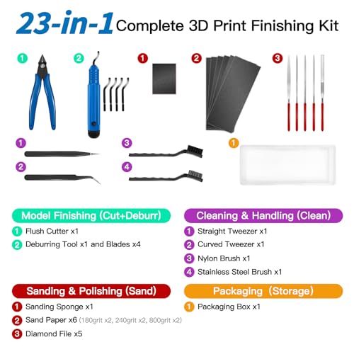 Deburring Tool 3D Printing, 3D Printer Deburring Tool with 4 Blades for Metal, Plastic, Resin/PLA – Includes Flush Cutter, Sanding Sponge, Sand Paper, Tweezers, Cleaning Brushes & Diamond Files