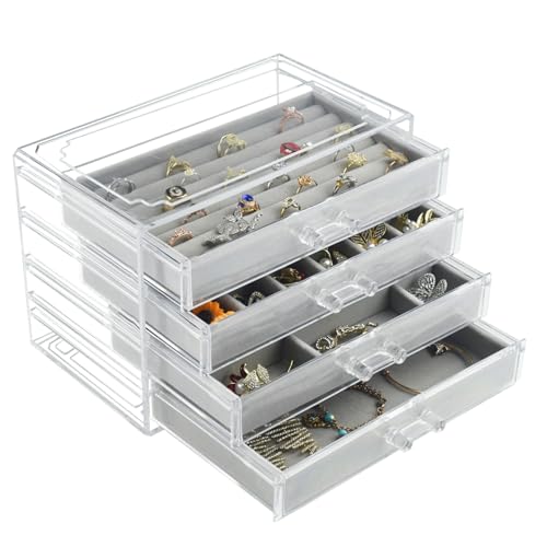 Weiai Acrylic Jewelry Organizer, Clear Jewelry Box with 4 Drawers, Jewelry Case Storage for Women (Gray) - color: Gray