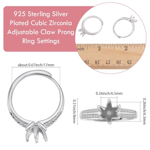Beebeecraft 1 Box 4Pcs Prong Ring Blanks 925 Sterling Silver Plated Adjustable Prong Ring Setting Component Findings for Jewelry Making Kit Supplies