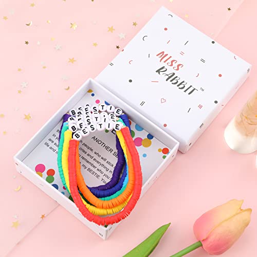 Rainbow Heishi Surfer Bracelets Set for Women Stackable Clay Beaded Bracelets Disc Stretch Preppy Bracelets Layering Colorful Friendship Bracelets Team Cheer Bulk Boho Summer Beach Jewelry Gift - style: BESTIE with Box