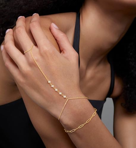 CHESKY 14K Gold Plated Hand Chain Bracelets for Women Set - Dainty Finger Ring Bracelet Stack Adjustable Hand Chains Durable Beaded Bracelets Trendy Simple Body Jewelry Gift for Women - style: cz+clip