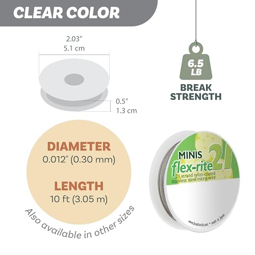 The Beadsmith Flex-Rite Beading Wire - 21-Strand Nylon-Coated Stainless-Steel Wire, 0.012" (0.30 mm) Dia, Clear, 10 ft Spool, Durable Necklace & Bracelet String, for Jewelry Making Supplies - size: .012” Dia - 10 ft