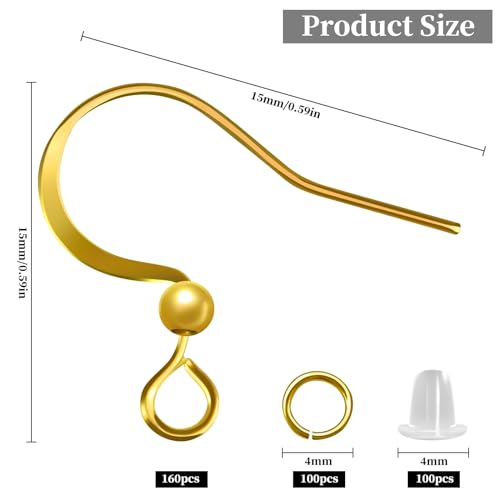 160 PCS/80 Pairs 18K Gold Tone Plated Earring Hooks Hypoallergenic Ear Wires Fish Hooks with 100 PCS Clear Silicone Earring Backs and 100 PCS Jump Rings Gold Earring Finding for DIY Jewelry Making - color: C style-18K Gold Earring Hooks