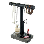 MyGift Adjustable Height Industrial Pipe Organizer Stand - Rustic T-Bar for Jewelry, Headphones, Medals, Kitchen Utensils & Display, Gray Wood Base (Black/Gray, Country Style) - color: Black / Gray