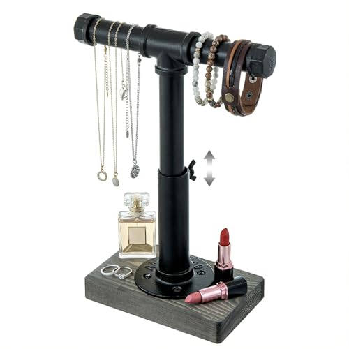 MyGift Adjustable Height Industrial Pipe Organizer Stand - Rustic T-Bar for Jewelry, Headphones, Medals, Kitchen Utensils & Display, Gray Wood Base (Black/Gray, Country Style) - color: Black / Gray