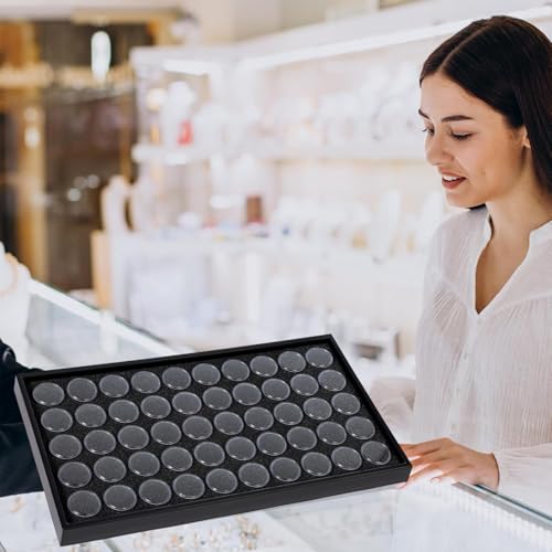 50 Gem Display Case Diamond Gemstone Storage Box, Small Round Plastic Containers Box Jewelry Organizer Container with Foam, Black Foam Gem Jars Showcase with 50 Gemstones Storage Jar