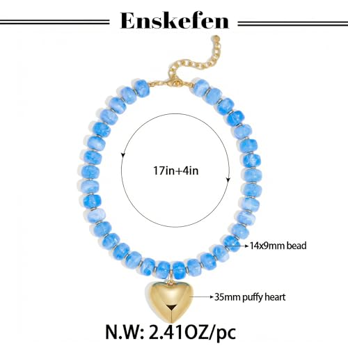 Gold Heart Pendant Necklaces for Women Colorful Acrylic Resin Beaded Choker Necklace Fashion Chunky Statement Beaded Heart Necklace - color: Light blue
