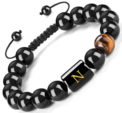 FRG Initials Bracelets for Men Letter Link Handmade Natural Black Onyx Tiger Eye Stone Beads Braided Rope Meaningful Bracelet - style: Braided rope-N