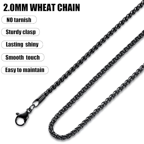 Fiusem Black Wheat Chains for Men and Women, 2/2.5/3/4/5mm Stainless Steel Necklace Chain, Mens Necklace Jewelry Gift 16-28 Inch - size: 16 Inches, style: Black 2MM