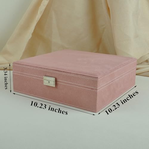 Jewelry Boxes 10 x 10 Inches 2-layer Handle Necklace Holder Organizer Jewellery Women Rings Storage Display Girls Earrings Case Lockable Jewelry Tray GY641 (Pink) - color: Pink