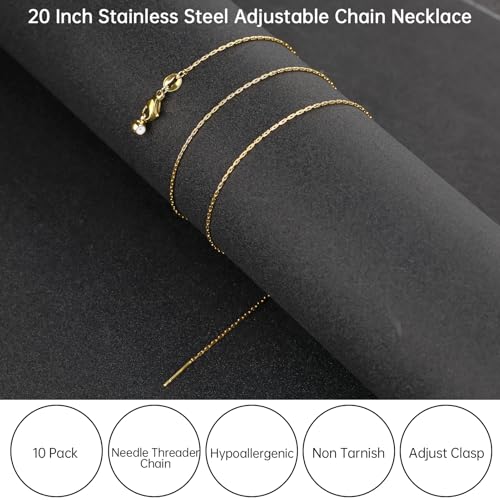 GTVOODX 10pcs Gold Plated Adjustable Thin Necklace Chains Bulk for Jewelry Making Stainless Steel 0.75mm Rectangle Cable Chains with Adjust Clasp for Women - color: Gold Rectangle Cable