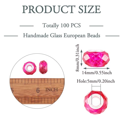 100pcs 14mm Large Hole Beads Glass Crystal Faceted Beads Magenta European Crystal Spacer Beads for Valentine's Day Necklace Earring Bracelet Crafts Jewelry Making - color: Magenta