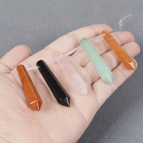 50mm Natural Red Jasper Black Obsidian Pink Quartz Aventurine Hexagonal Wand Jewelry Making Crystal Pointed Chakra Reiki Healing Beads 2mm Hole Drilled(Pack of 5) - color: Mix Gemstone