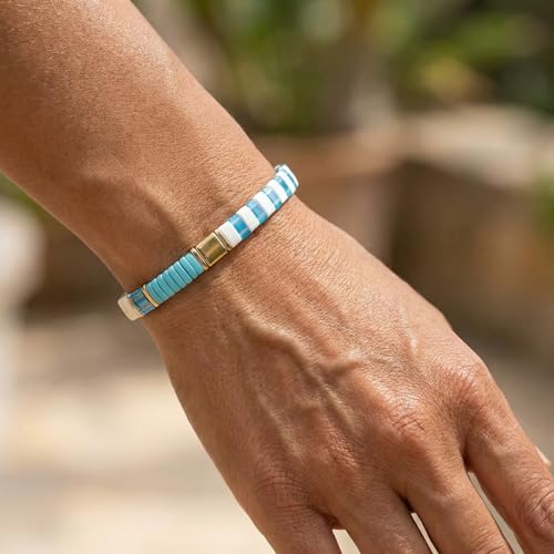 Tila Beaded Stretch Strand Bracelets for Women, Cute Boho Stackable Handmade Colorful Mixed Flat Square Beads Elastic Beach Surfer Bracelet Trendy Jewelry Friend Gift - color: 0901H