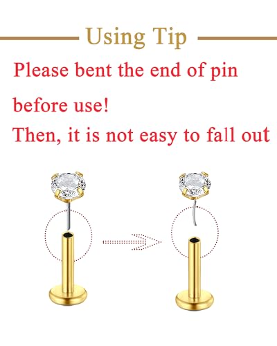 QWALIT Piercing Taper Threadless Insertion Tool - Titanium Labret Pin 16g, 18g, 20g - color: D12 - Gold Threaded+Threadless