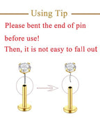QWALIT Piercing Taper Threadless Insertion Tool - Titanium Labret Pin 16g, 18g, 20g - color: D12 - Gold Threaded+Threadless