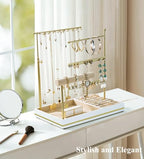 Emibele Jewelry Holder, Jewelry Organizer Stand Necklace Earrings Bracelet Holder, 5 Tier Jewelry Display Tower Rack with Metal Frame and Velvet Ring Tray, Aesthetic Jewelry Stand Gift for Women, Gold - color: Gold & White