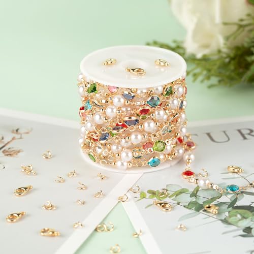 KYUNHOO 3 Meters Pearl Chains for Jewelry Making, Mixed Color Rhinestone Beaded Chains Bulk with Jump Rings and Lobster Clasps for Crafts DIY Supply Findings - color: Gold