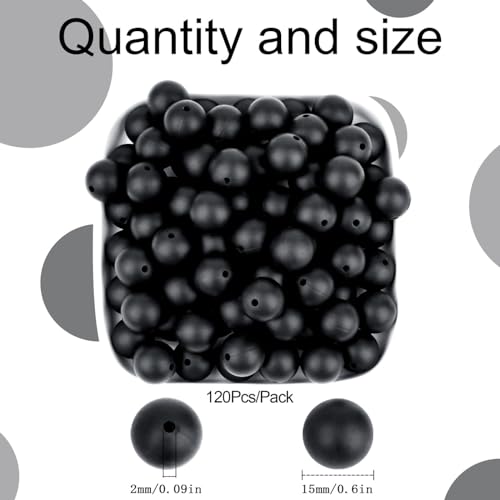 MAIBAOTA 120 Pcs Black Silicone Beads 15 mm Bulk for Keychain/Pens/Bracelet/Necklace Making Rubber Round Beads for Craft Making (with Boxed Kits) - color: Black