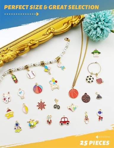 JIALEEY 25Pcs Assorted Gold Plated Enamel Mixed Sport Traffic Charm Pendant DIY for Necklace Bracelet Jewelry Making and Crafting