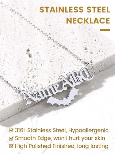 GoldChic JEWELRY Name Necklace Personalized for Men, Womens Custom Name Plate Chain, Stainless Steel Customized Old English Nameplate Choker with Curb Chains Custom, 16 inches to 30 inches - color: Rolo Chain(1.8 mm)&Bat- Steel