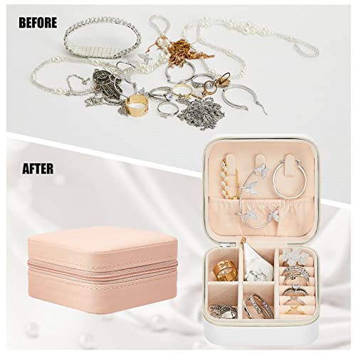 Taiyin Travel Jewelry Case, Bridesmaid Gifts Mini Jewelry Organizer, PU Leather Portable Earring Box for Women Girls - color: White, Pink