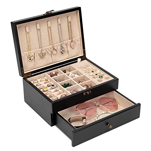 Pinzoveco Jewelry Box for Women, Rustic Wooden Jewelry Organizer Box for Storage Earrings Rings Necklace Bracelet, Farmhouse Style Wood Jewelry Boxes & Organizers (Black) - color: Black