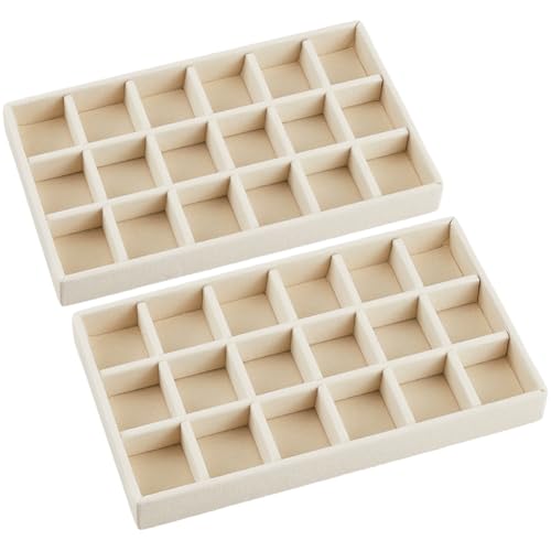 2Pcs 5 x 8.3 Inch Jewelry Box Tray Velvet Jewelry Drawer Insert Antique White 18 Grids Divided Stackable Necklace Storage Container Dresser Drawer Case for Earring Rings Display Showcase - style: White 18 Grids