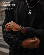 Forge & Foundry Men’s Matte Black Solid Onyx Beaded Bracelet | 10mm, 8mm, 6mm Bead Size Options | Signature Stainless Steel Engraved Bead | Andalus - color: 8mm Silver, size: Large