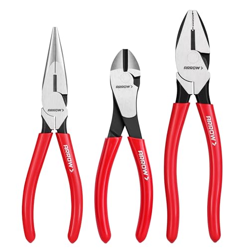 ARROW 3PCS Pliers Set, 8" Needle Nose Pliers, 7" Diagonal Plier, 8" Linesman with Non-slip Handle, Premium Carbon Steel, High Leverage Design - style: 8" Needle Nose/7" Diagonal/8" Linesman