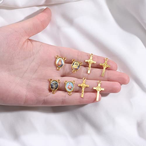 60Pcs/30Sets Rosary Making Kits Supplies Alloy Religion Cross and Center Medal Charms Pendant Oval Chandelier Links for Diy Prayer Necklace Jewelry - color: Gold