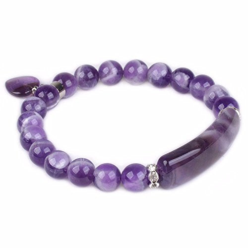 Justinstones Gem Semi Precious Gemstone Love Heart Charm Stretch Beaded Bracelet Unisex - color: African Amethyst
