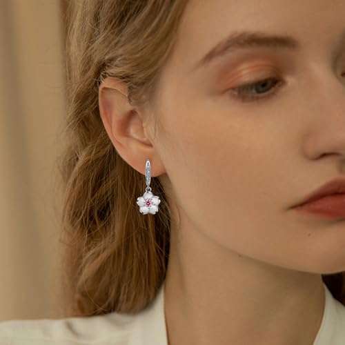 Pink Flower Earrings for Women 925 Sterling Silver Cherry Blossom Earrings Pink Crystal Flower Sakura Fish Hook Earrings Lightweight Elegant Christmas Wedding Holiday Floral Jewelry Gifts