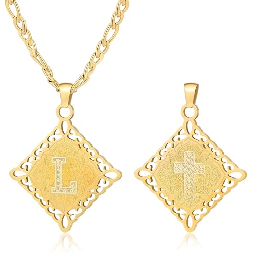 LETFLY Initial Necklaces for Women Men, 18K Gold Plated Letter Cross Pendant Necklace Alphabets A-Z Figaro Chain Jewelry Gifts - color: Rhombic, style: Letter L