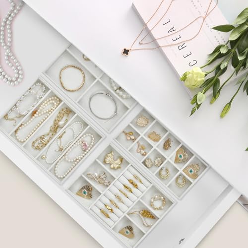 VLANDO 6 Grids & Rings Slot Jewelry Tray, Small Jewelry Organizer for Drawer, Stackable Jewelry Organizer Trays, Drawer Jewelry Organizer, Soft Lining DIY Combinations Tray - White