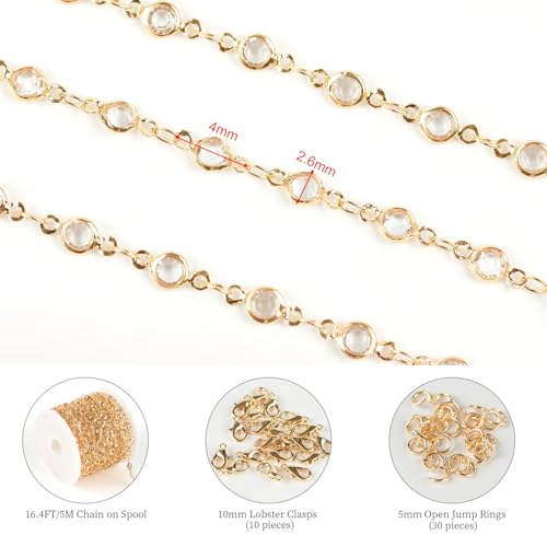 KYUNHOO 16.4 Feet Jewelry Making Supplies Set Gold Plated Brass Chain for Jewelry Craft Making Clear Beaded Necklace Chains Roll with Jump Rings Lobster Clasps - color: Clear Beaed-Gold