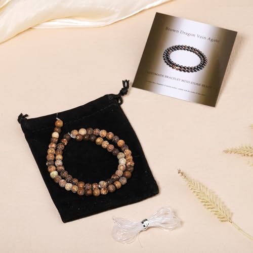 Stone Beads, 45pcs Brown Dragon Vein Agate, 8mm Round Loose Beads for Jewelry Making, Bracelets, with Bag, String & Card - color: Brown Dragon Vein Agate, size: 8mm