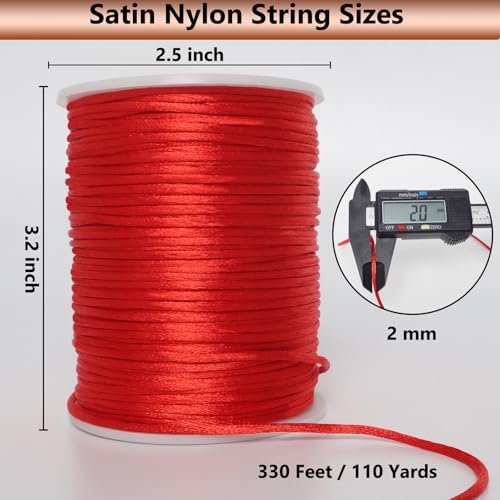 LUSTEMBER 2 mm x 330 Feet Satin Nylon Cord, Silky Smooth Nylon String for Jewelry Making Bracelet Necklaces Beading Thread Rattail Macrame Kumihimo Chinese Knot Craft - size: Red