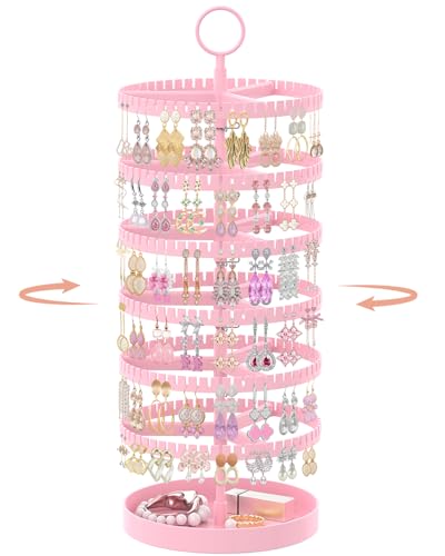 iDavosic.ly 6 Tier Rotating Earring Holder Organizer with Metal Tray, Adjustable Plastic Dangle Display Stands Tree with 342 Grooves, Large Hoop Storage Rack Tower, Pink - color: Candy Pink, size: 6 Tiers