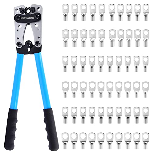 Newdeli Battery Cable Lug Crimping Tool 10-1/0 AWG with 60Pcs Copper Ring Terminals 8 Sizes Cable Lugs Set, Heavy Duty Wire Crimper for Battery Wire Terminal - style: Crimper with 60Pcs Lugs