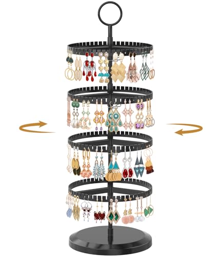 MODOWEY 4 Tier Rotating Earring Holder Organizer, Adjustable Metal and Plastic Stand Tree with 228 Grooves for Stud Hoop Pierced Dangle Display, Decluttered, Space-Saving Storage Rack for Women, Black - color: Jet Black