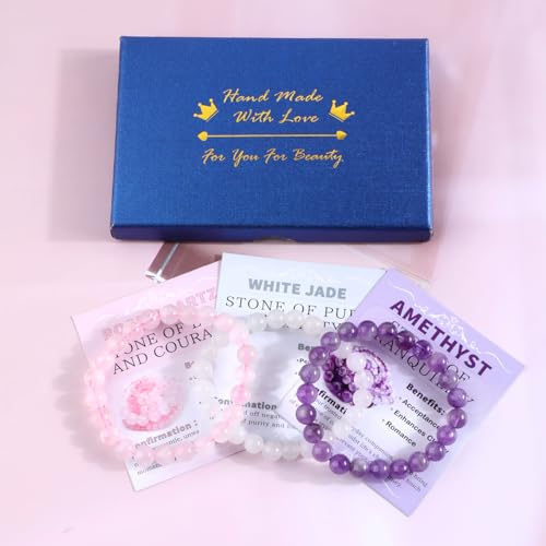 NCB 2.3-Piece 4mm Natural Crystal Gemstone Stretch Bracelets – Handmade Reiki Energy Healing Jewelry for Meditation,Yoga, Unisex - color: 3PCS ( Amethyst+Pink Quartz+White Jade ), size: 8mm