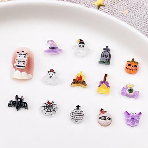 100Pcs Halloween Nail Art Charms Multi Shapes Colors 3D Pumpkin Torch Broom Nail Charms Cute Cartoon Bandage Web Ghost Tombstone Hat Nail Art Rhinestones Mini Flatback Nail Supplies for DIY Nails Art - color: Halloween-5