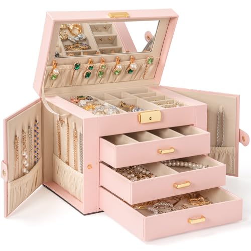 AKOZLIN Large 4-Tier Jewelry Box Leather Jewelry Storage Organizer with 3 Drawers Lockable for Women Girls Ring Necklace Earring Bracelet Watches Holder with Mirror Pink - color: Pink-gold, size: Large-4 Layer