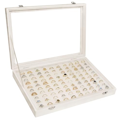 Siveit Velvet Ring Display Tray Organizer Box with Transparent Lid, 100 Slot Ring Holder Showcase For Store Display Jewelry Show Home, Ring Organizer For Rings Earrings (Beige) - color: Beige