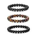 RANKEEF Tiger Eye Bracelet For Men 8MM Natural Stone Stretch Adjustable Black Crystal Beaded Bracelet for Men Women Gifts - color: 3 Lava, tigers-eye, black-onyx
