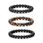 RANKEEF Tiger Eye Bracelet For Men 8MM Natural Stone Stretch Adjustable Black Crystal Beaded Bracelet for Men Women Gifts - color: 3 Lava, tigers-eye, black-onyx