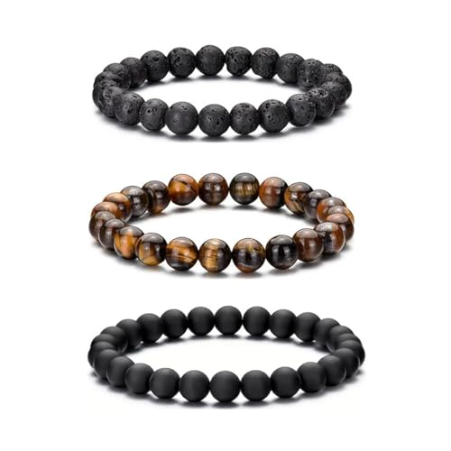 RANKEEF Tiger Eye Bracelet For Men 8MM Natural Stone Stretch Adjustable Black Crystal Beaded Bracelet for Men Women Gifts - color: 3 Lava, tigers-eye, black-onyx