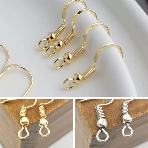 300PCS 925 Sterling Silver Earring Hooks, Gold Earring Hooks, Stainless Steel Ear Wires Fish Hook, Hypoallergenic Earring Making kit with Clear Silicone Backs Stoppers and Jump Rings(Gold and Silver)